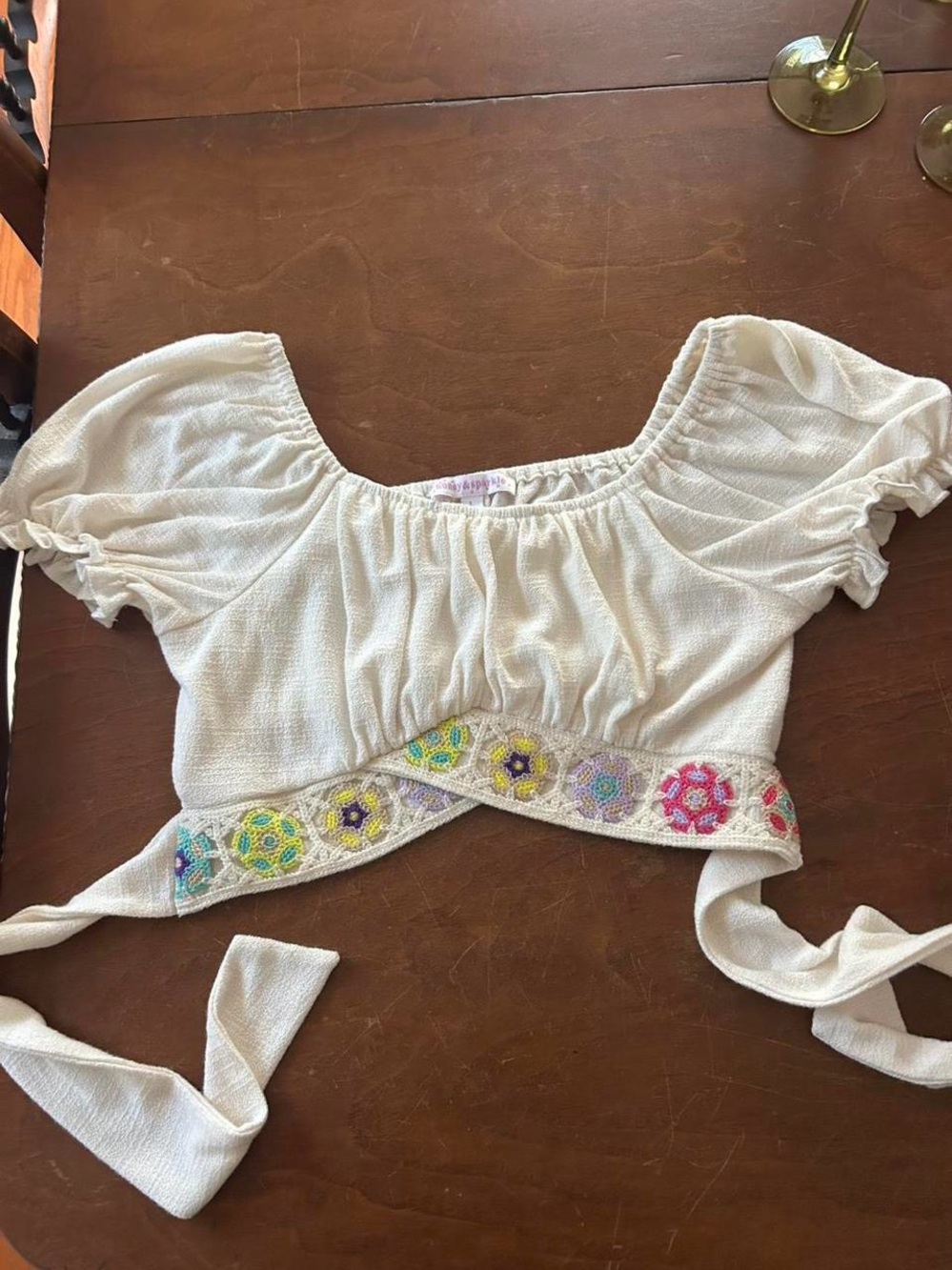 Girls' Cream Cropped Peasant Top with Embroidered Waist Tie